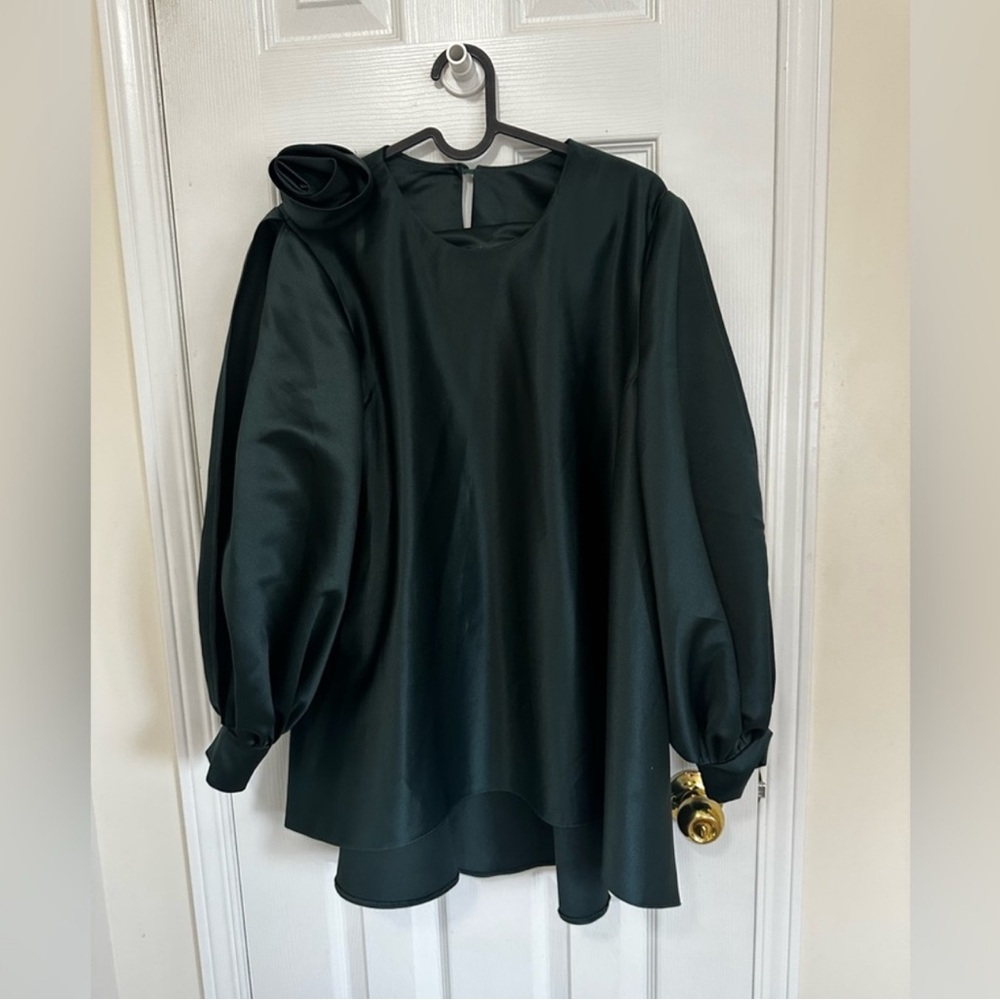 Elegant Dark Green Satin Blouse w/ Statement Shoulder – Fits L